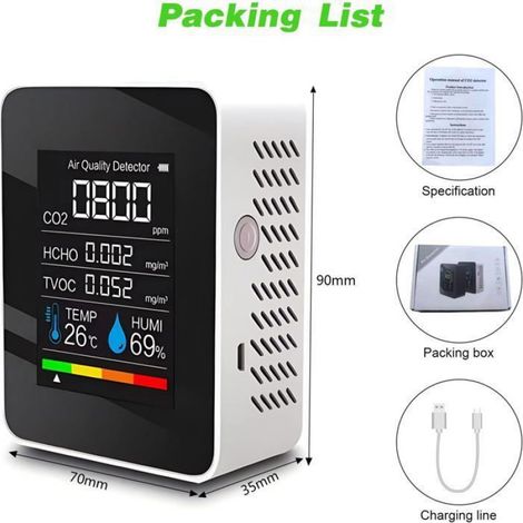 Détecteur Co2 - Capteur Electrochimique - Mesure CO2 TVOC HCHO Température Humidité - Ecran LCD Réglable - Autonomie Batterie 1200 mAh - 1 Pièce (1/5)