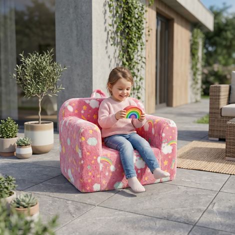 Canapé enfant avec poignée de transport et poches latérales, fauteuil en mousse pour tout-petits, canapé léger arc-en-ciel rose, siège à accoudoirs pour enfants. (1/5)