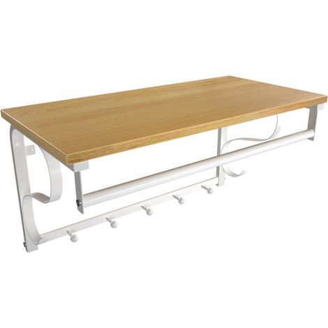 Perchero de pared con estante de almacenamiento estante de pared con ganchos estante de pared con barra 5 ganchos para entrada dormitorio baño salón roble 66 cm roble y blanco 120002598 (1/3)