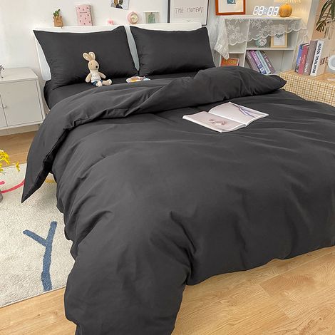 Dicke, einfarbige Bettwäsche aus gebürsteter Baumwollwaschware – Trendiger Studentenstil – 4-teiliges Bettwäsche-Set mit schwarzem Spannbettlaken für 180x200 cm Bett-lsw