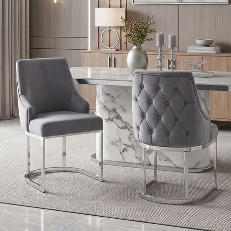 2 sillas de comedor de terciopelo gris y plata, estilo moderno, con patas metálicas (1/5)