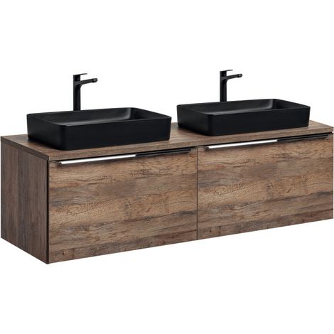 Ensemble salle de bain double vasques noires + plateau 160 cm - Rosario Oak - Livraison gratuite