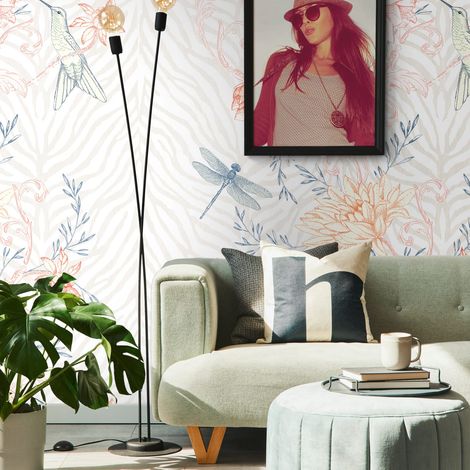 Fototapete Profhome 392011 heißgeprägte Vliestapete glatt mit Blumen-Muster matt orange blau creme-weiß 1,59 m x 2,8 m