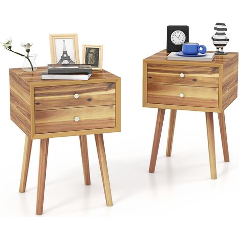 COSTWAY Nachttisch mit 2 Schubladen, Nachtschrank für Boxspringbett, Beistelltisch aus Holz, Nachtkonsole Nachtkommode für Wohnzimmer, Schlafzimmer, 40 x 40 x 59,5 cm (Natur) (1/4)