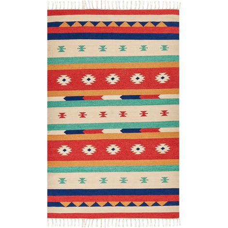 Alfombra kilim de algodón rojo beige gris 140 x 200 cm a mano borlas reversible Margara