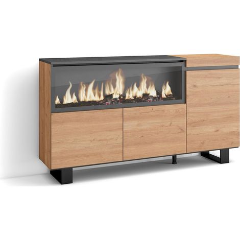 Skraut Home – Buffet salon et cuisine 158x35x87cm – 3 portes – Cheminée électrique XXL – Pieds en métal – Design industriel chêne et noir (1/5)