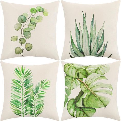 Kissenbezug, 45x45 cm Kissenbezug-Set mit 4 dekorativen Kissenbezügen mit Blumen-, Meeres- und tropischem Pflanzenmuster für Sofa und Wohnzimmersessel (Grünes Blatt-Baumwolle) (1/5)