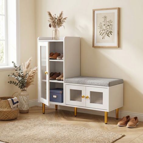 Scarpiera con panca 100x35x94 cm, mobile moderno con vetro scanalato e contenitore, bianco