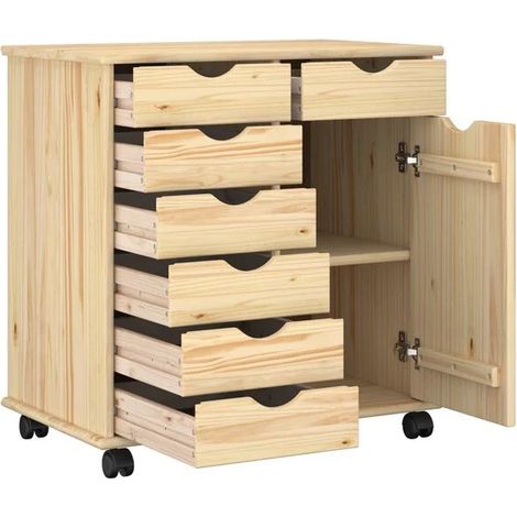 Meuble de Rangement sur Roulettes en Bois Massif de Pin, Couleur Marron, 63.5 x 39 x 65.5 cm, Armoire Mobile avec Portes pour Cuisine, Salle de Bain et Bureau (1/5)