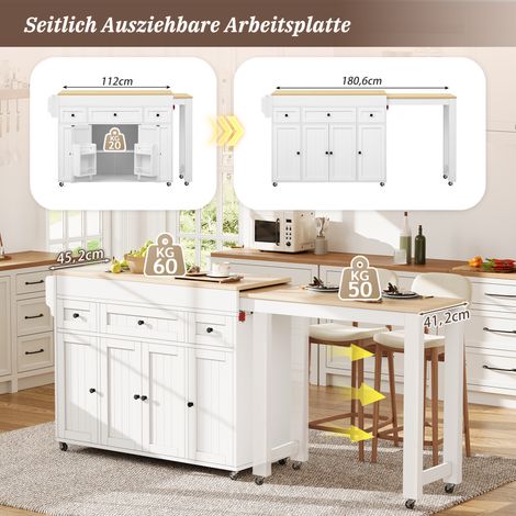 Île de cuisine roulante escamotable avec étagère à épices et tiroirs, table mobile autoportante pour cuisine et salle à manger (Blanc) (1/5)