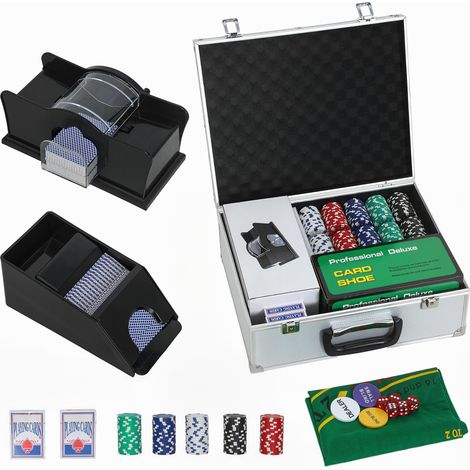 Coffret de poker complet avec 300 jetons, cartes à jouer, dés, bouton de donneur, tapis, clés et mallette en ABS argenté, ensemble de jeu pour soirées entre amis (1/5)