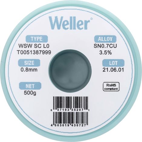 Étain à souder sans plomb Sn0,7Cu 0.8 mm Weller WSW SC L0 bobine 500 g (1/5)