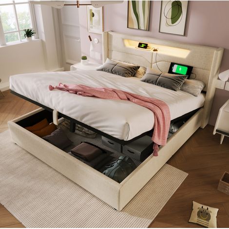 Bett 140x200 Stauraum LED USB Leinen Beige HAVRYA (1/5)