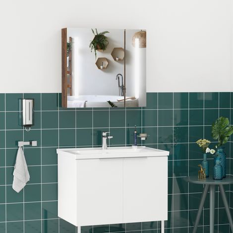 Badezimmerschrank mit Spiegel und verstellbarer LED-Beleuchtung, Badezimmerschrank mit 2 Spiegeltüren und verstellbarem Einlegeboden, 70 x 15 x 65 cm, Braun