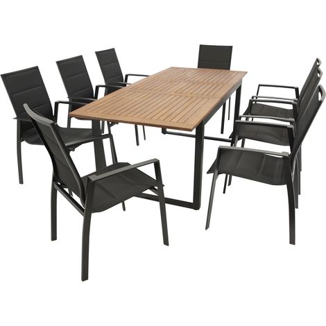 RIVELLO: Garnitur 9-teilig (8x Stapelsessel Aluminium + Kunstgewebe schwarz, 1x Ausziehtisch 150/200x90cm, Stahl anthrazit + Akazie geölt, FSC-zertifiziert