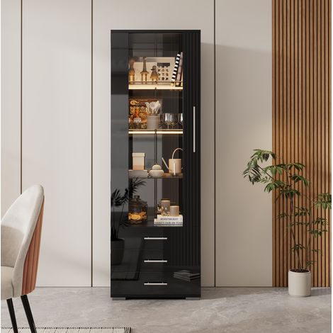 Vitrina de MDF negro brillo 60 x 35 x 180 cm, 1 puerta de acrílico, 3 cajones, LED con app (1/5)