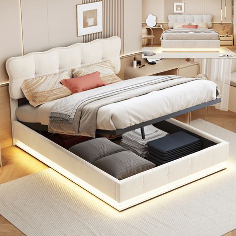 Lit coffre 160x200 cm avec tête de lit rembourré, Lit double avec éclairage LED pour adultes et ado, Sommier à lattes, Velours, Beige (1/5)