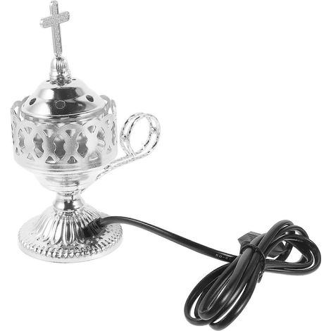 Brûleur d'encens électrique d'intérieur, adapté aux cérémonies religieuses, dimensions : 18,50 x 14,50 x 7,00 cm, argent, 1 ensemble. (1/5)