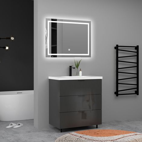 AICA Meuble de salle de bain Strié Brillant, Meuble de sol 80cm avec simple vasque + 3 tiroirs, Anthracite