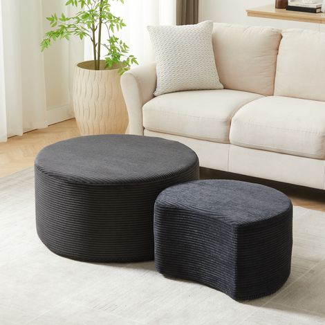 Mesa baja redonda 127x81x40 cm negra, lote de 2, asiento auxiliar de tela, sin montaje MEUBLIV (1/5)