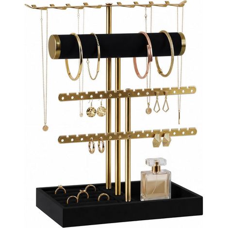 Jewelry Organizer 4 Tiers, Gold Metal Display Stand with Black Velvet Tray, Storage Stand for Necklaces, Bracelets, Earrings, Rings and Watches (1/5)
