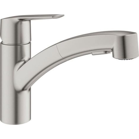 Robinet de cuisine - Supersteel - Mitigeur moncommande évier - Douchette extractible - Bec bas pivotant 90° - GROHE Start - 30
