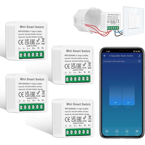 Lot de 4 modules d'interrupteur intelligents - 2 voies - 1 voie - Mini interrupteur Wi-Fi DIY - S'adapte derrière un interrupteur mural - Compatible avec Echo, Google Home, Smart Life (1/5)