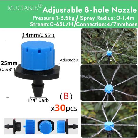 (B) Pipette d'irrigation réglable à 90/180/360°, micro-buse de pulvérisation pour jardin, buse rotative, pulvérisateur à brouillard avec compensation de tuyau 4/7 mm (1/5)
