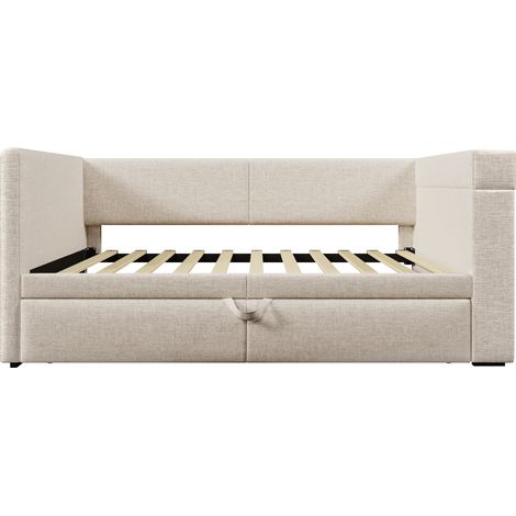 Cama de descanso capitoné 90x200 cm con cama nido, beige, lino y algodón, sin colchón, MODENUIT (1/5)