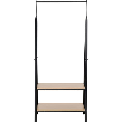 Portant vêtements design contemporain triangulaire 64x43x149 cm, 2 étagères, MDF bois clair et acier noir