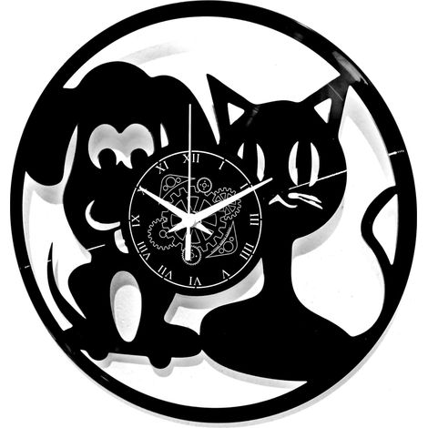 Horloge Murale Design Chien Chat Complicité Animaux Adorables Silhouette Maison Famille Mouvement à Quartz Silencieux Idée Cadeau pour Salon, Chambre, Cuisine (1/2)