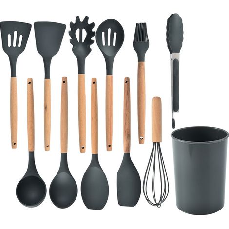 12 utensilios de cocina, silicona apta para uso alimentario, resistentes al calor hasta 230 °C, antiadherentes, con mango de madera, para cocinar a diario. (1/5)