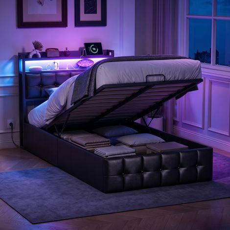 Lit adulte 90x200cm – Lit coffre - lit simple – USB‑C – Tête de lit LED RGB– Sommier à lattes – cuir Noir (1/5)