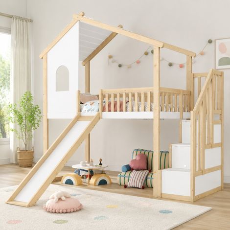 DESMIU Lit mezzanine enfant 90 × 200 cm 1 place avec toboggan, échelle de rangement et barrières, sans matelas (1/5)