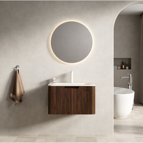 Mobile bagno sospeso con lavabo 60 cm, travertino beige e noce DESVIAE (1/5)