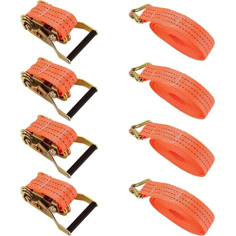 4 Jeux de 6M×38MM Sangle d'arrimage à Cliquet, Sangle a Cliquet avec Crochet en Polyester, Sangles de Serrage avec Tendeur à Cliquet pour Remorque, Moto, Voiture Orange