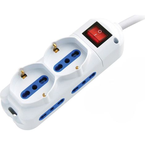 Multiprise Électrique 6 Prises: 4 Prises Doubles 10/16A Bipasso, 2 Schuko, Câble 1,5M, Fiche 90°, Interrupteur Lumineux, Blanc, Seo Efficace (1/3)