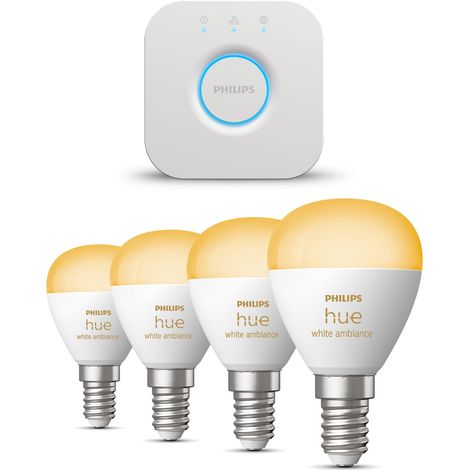 Philips Hue Kit de démarrage E14 avec 4 Ampoules Sphérique Lumière blanche chaude à froide - Comprend 1 Bridge - White Ambiance (1/5)