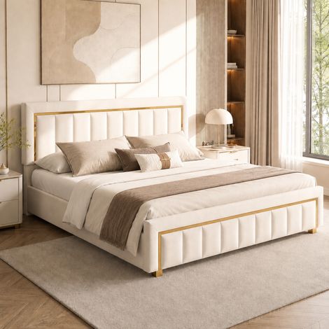 Lit coffre 160x200 cm avec sommier, lit double en velours beige avec rangement hydraulique, tête de lit rembourrée avec finition dorée, design chic pour chambre