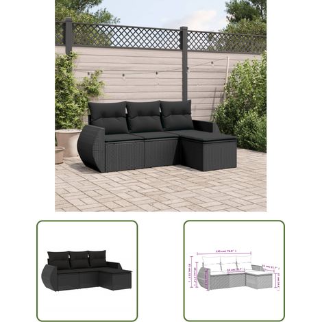 The Living Store Salon de jardin 4 pcs avec coussins noir résine tressée - Ensemble Salon De Jardin - Mobilier De Jardin - Canapé Extérieur - Set De Salon - Chaise Lounge (1/3)