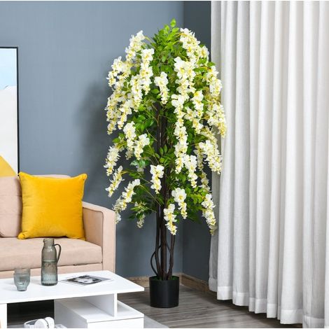 Pianta artificiale glicine bianco 165 cm con vaso in plastica e cemento (1/5)