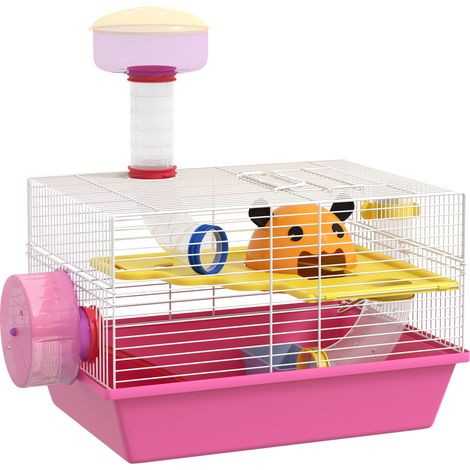 Cage multicolore pour hamster, rat et rongeur avec plateforme, biberon, roue d'exercice, cabane, 34 x 27 x 25 cm, rose (1/5)