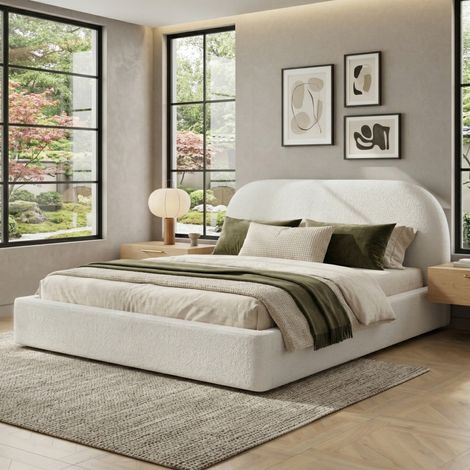 DESVIAE Lit double rembourré avec sommier à lattes tête de lit bouclée épaisse éléments déhoussables et lavables structure encastrée coins arrondis 180 x 200 cm beige (1/5)