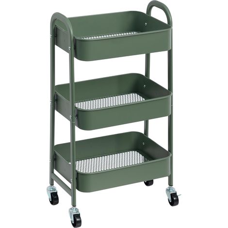 Chariot de Rangement Métal Chariot à roulettes 3 Niveaux Chariots Cuisine Chariots de Service Roulant pour Chambre Salle de Bain Bureau, Vert Herbe (1/5)