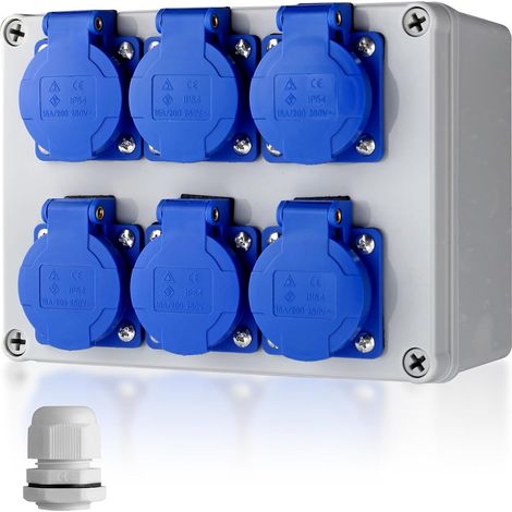 Boîtier de Prise Étanche IP66 avec 6 Prises Européennes Bleues 16A IP54, en PC Renforcé Antichoc et Ignifuge pour Installation Extérieure/Intérieure Professionnelle (1/5)