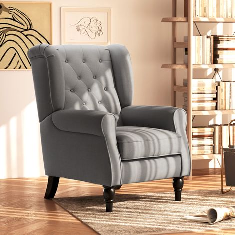 Poltrona relax in poliestere grigio scuro 74 x 86 x 102 cm con bottoni e gambe in legno (1/5)