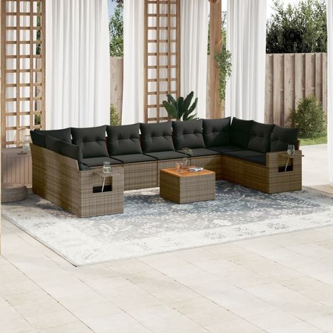 Salon de Jardin Gris 11 Pièces en Résine Tressée avec Coussins et Table en Acacia - Ensemble Modulaire de Meubles d'Extérieur (1/3)