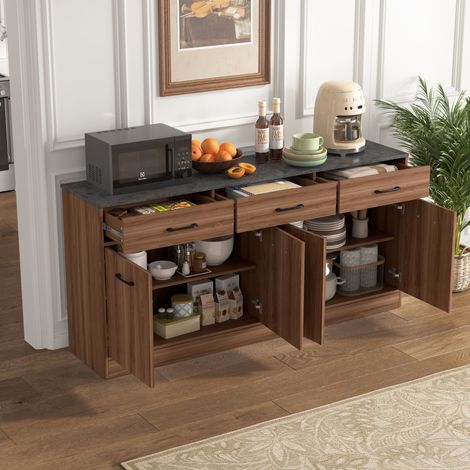 Buffet d’armoire de cuisine avec 3 tiroirs et étagères réglables,îlot de cuisine de 160 cm avec plan de travail en béton,aspect noyer,76,5x160x37 cm