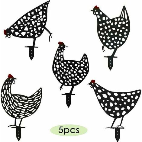 Lot de 5 piquets de jardin décoratifs et piquets d'herbes poulets décoration de jardin rouille décoration de jardin poule figurine de jardin en métal noir famille de poulet (1/4)
