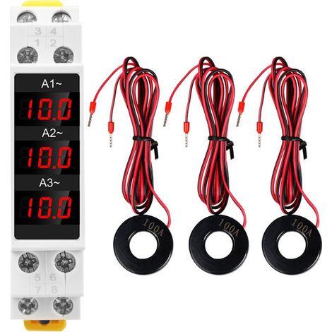 Ampèremètre triphasé sur rail DIN avec affichage numérique LED, haute précision, avec 3 capteurs, AC 80-500V 1-100A (1/5)